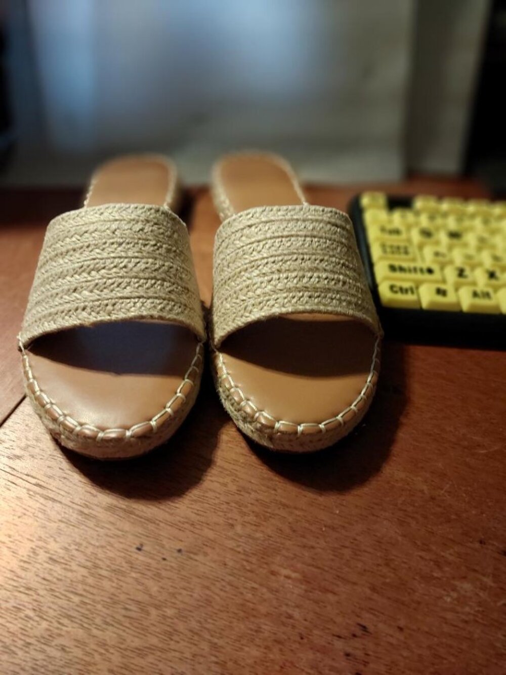 NEW ! Woven Raffia Slide Straw Upper Stitched Espadrille Platform Tan Sz 8.5